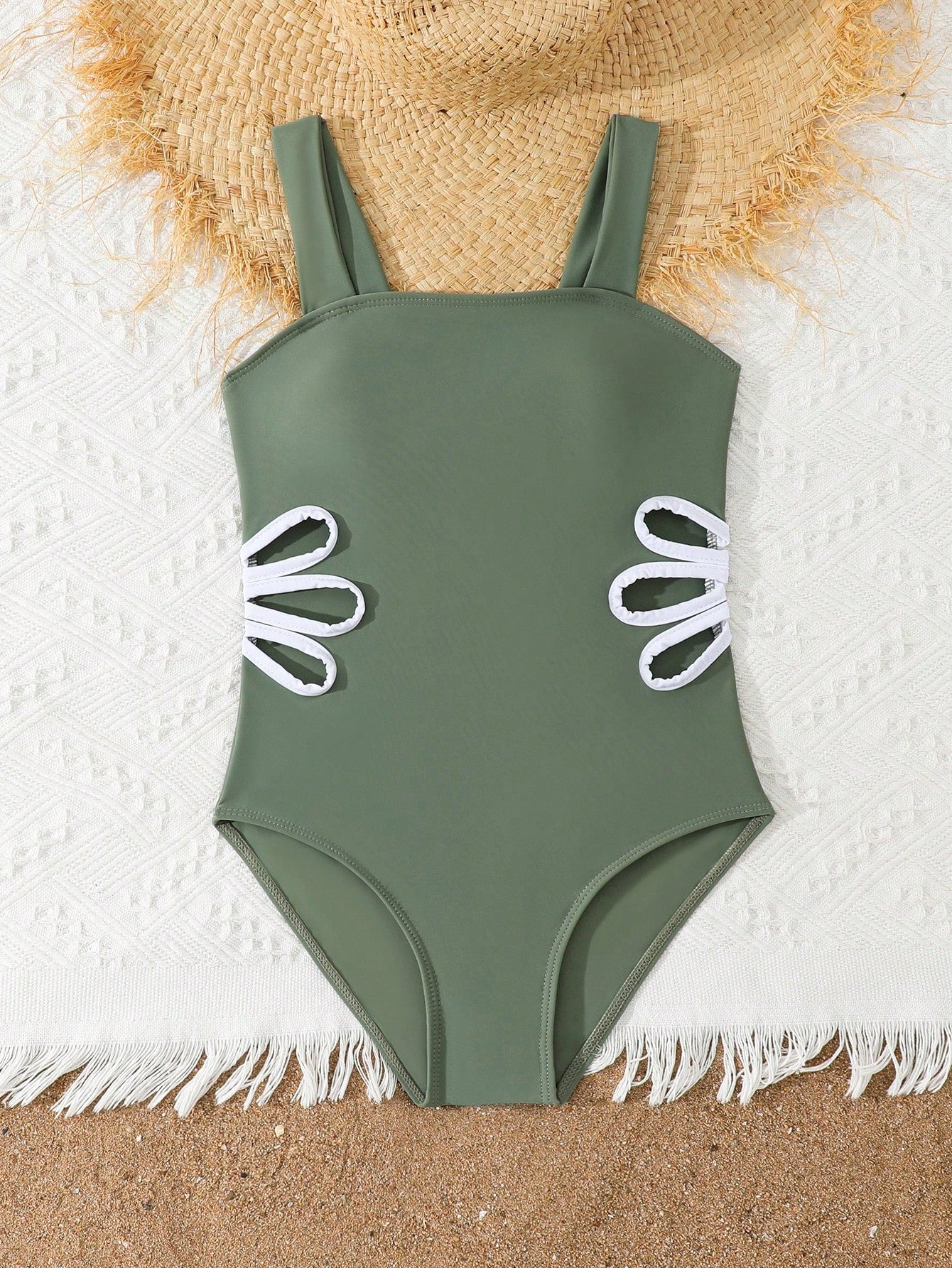 Tween girls purple one-piece swimsuit with strap neckline, cut-out detail, plain vacation style, wireless bra, and mid-waist bottom