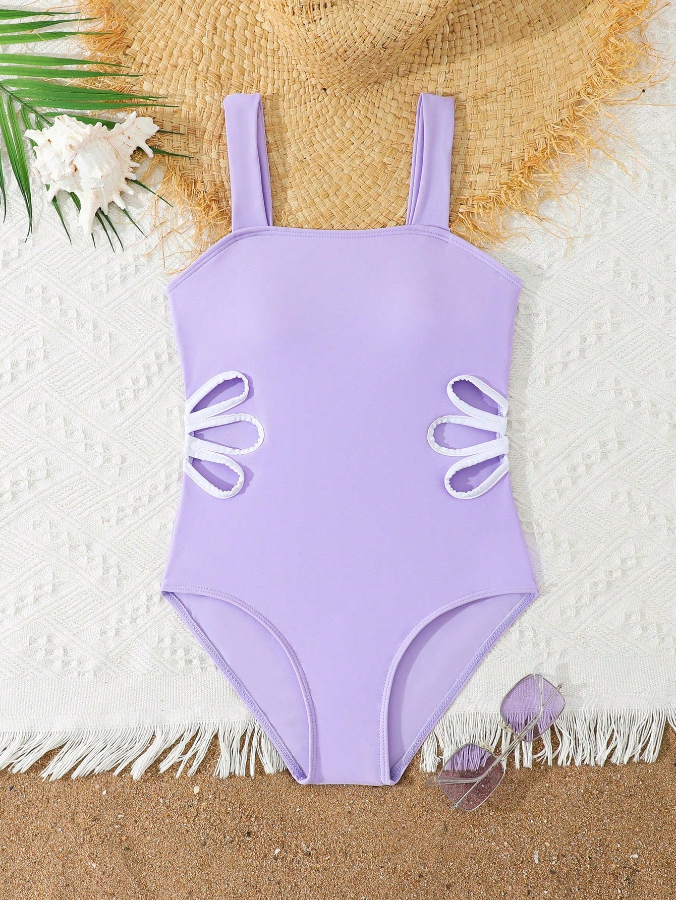 Tween girls purple one-piece swimsuit with strap neckline, cut-out detail, plain vacation style, wireless bra, and mid-waist bottom