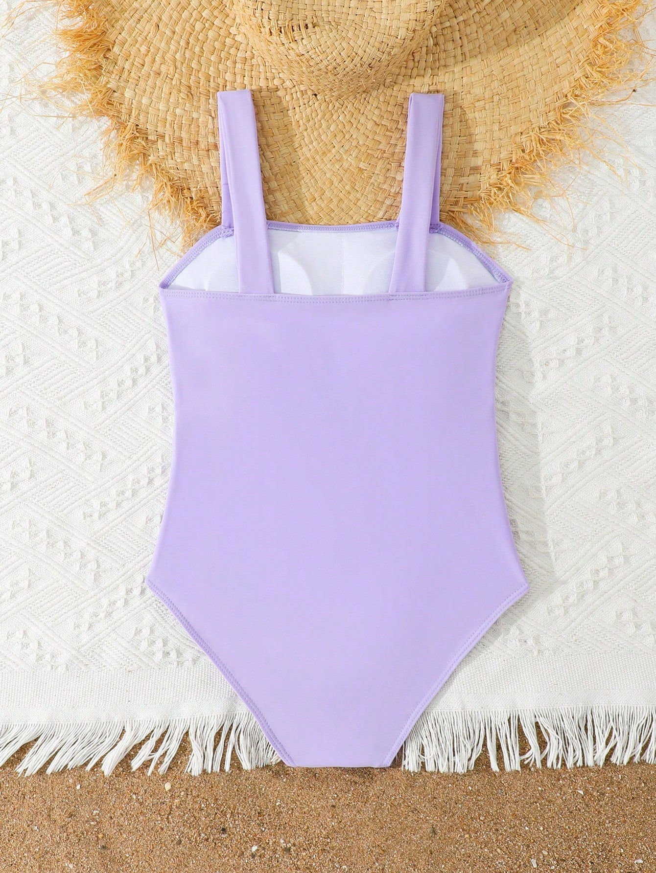 Tween girls purple one-piece swimsuit with strap neckline, cut-out detail, plain vacation style, wireless bra, and mid-waist bottom