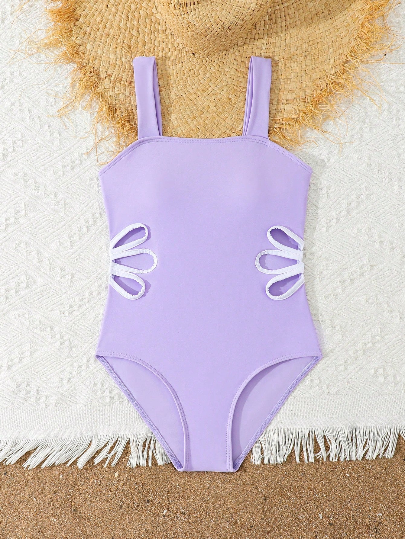 Tween girls purple one-piece swimsuit with strap neckline, cut-out detail, plain vacation style, wireless bra, and mid-waist bottom