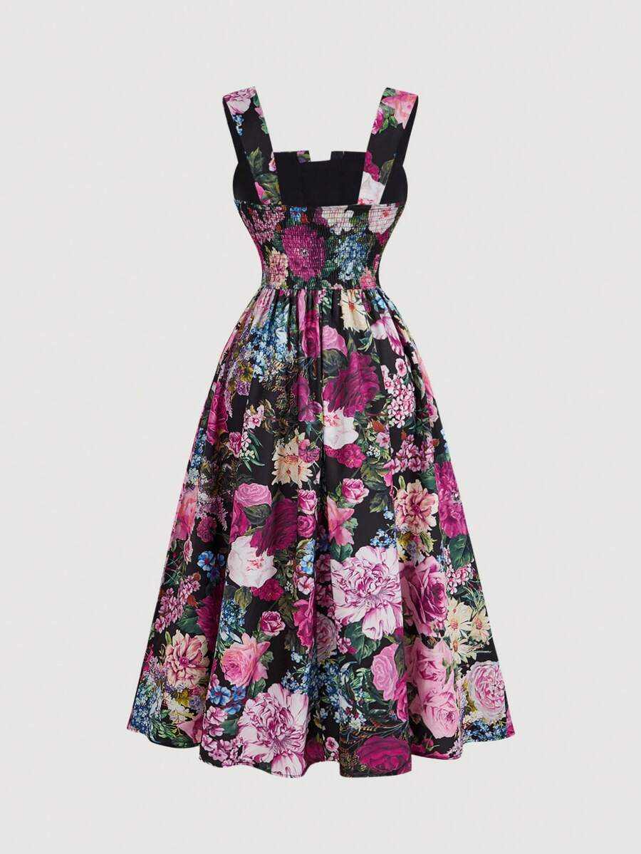 Tween girl apricot floral print midi dress with ruffle shoulder straps, shirred detail, and high waist A-line fit.