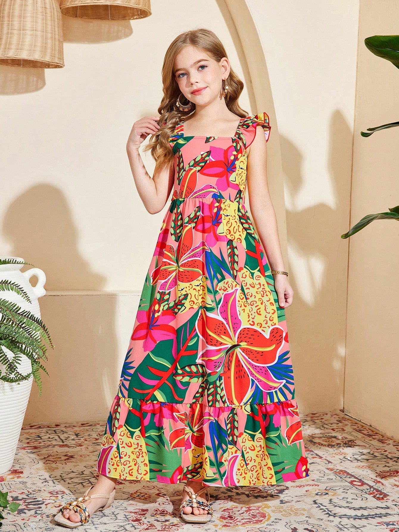 Blue floral print long vacation dress for tween girls featuring an A-line high waist silhouette with ruffle details and spaghetti straps.
