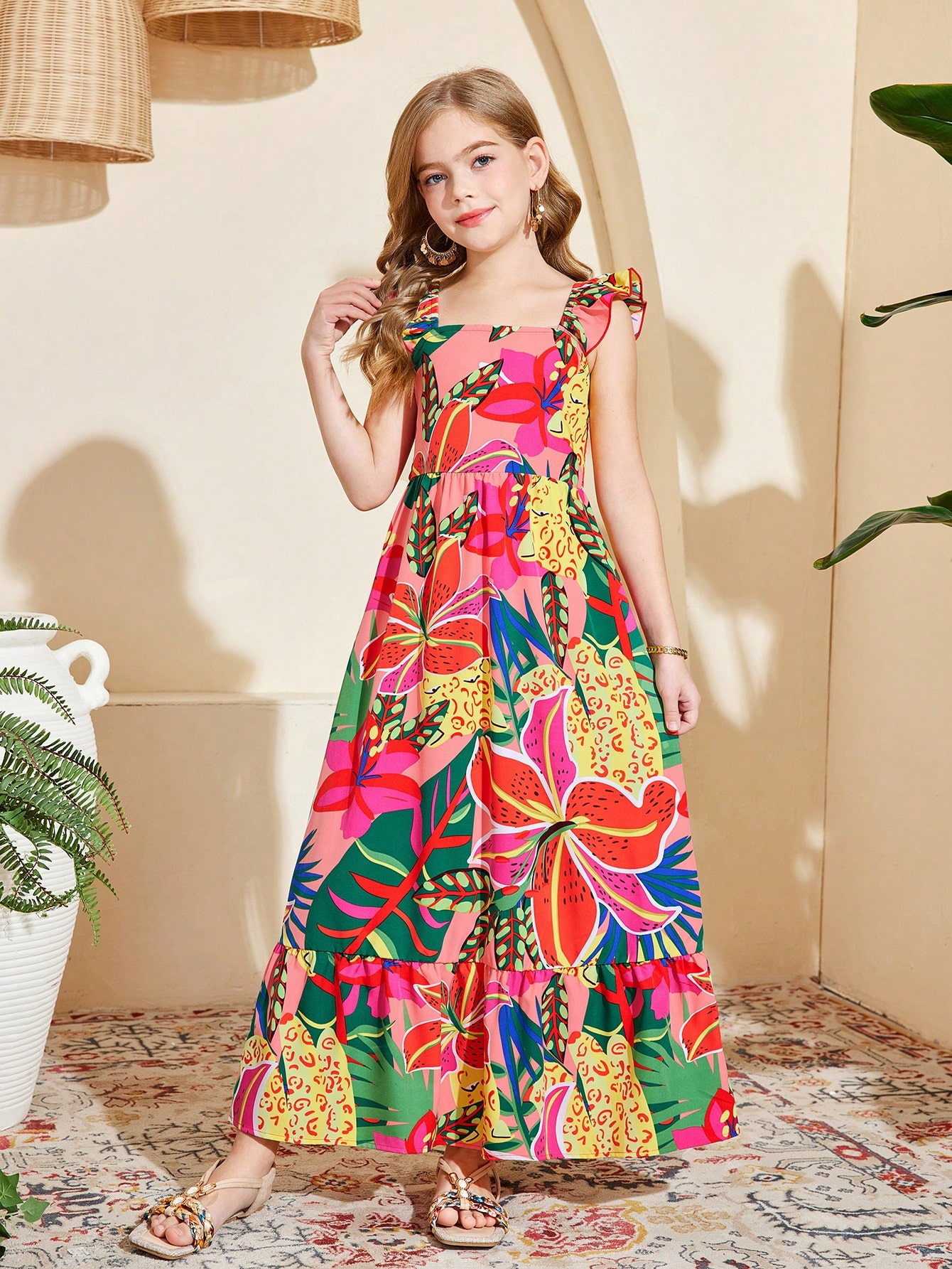 Tween girl multicolor floral vacation dress with square neck, ruffle details, shirred bodice, sleeveless A-line shape, high waist, and flounce hem.