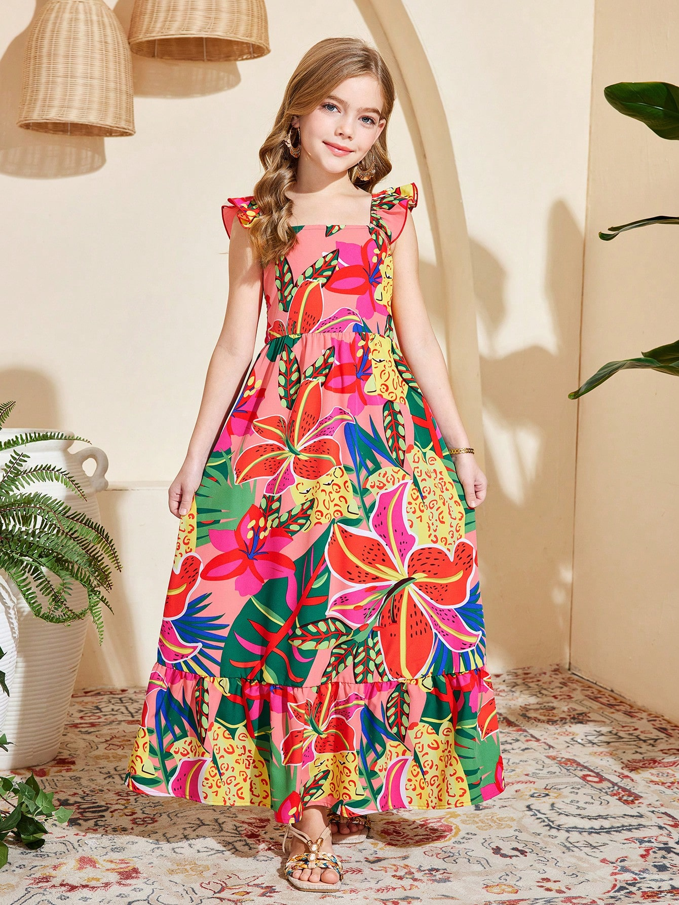 Tween girl multicolor floral vacation dress with square neck, ruffle details, shirred bodice, sleeveless A-line shape, high waist, and flounce hem.