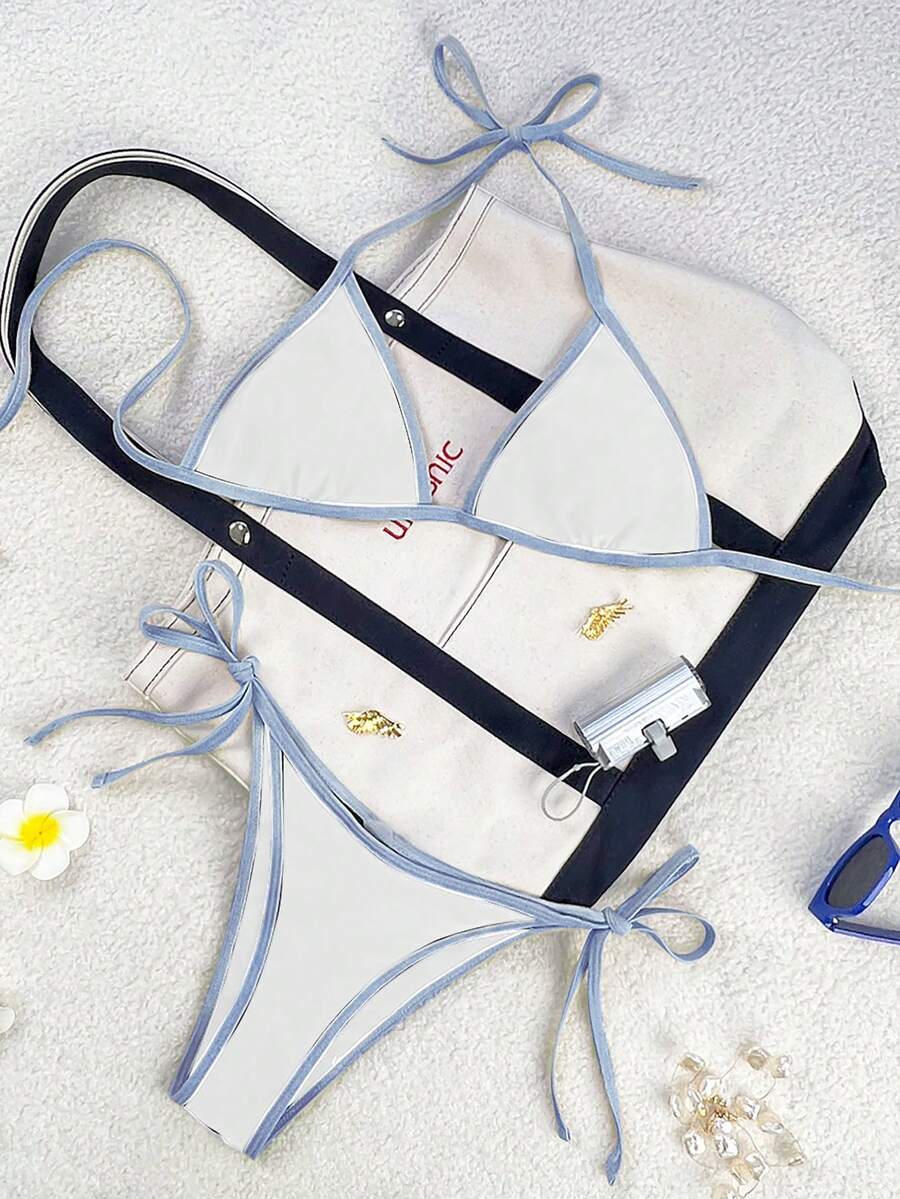 Women's apricot solid halter tie bikini top with triangle cups and matching tie-side swimsuit bottoms.