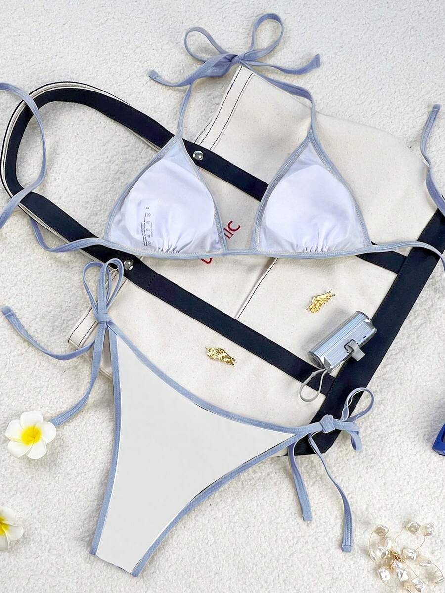 Women's apricot solid halter tie bikini top with triangle cups and matching tie-side swimsuit bottoms.