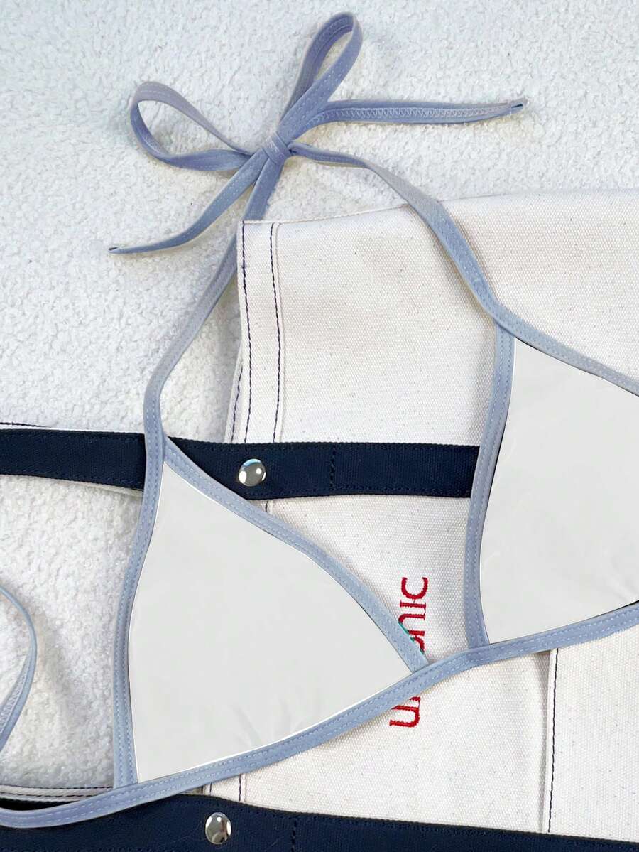 Women's apricot solid halter tie bikini top with triangle cups and matching tie-side swimsuit bottoms.