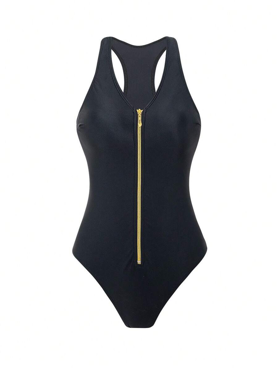 Dark green women's one-piece swimsuit featuring a zipper V-neckline and backless design.