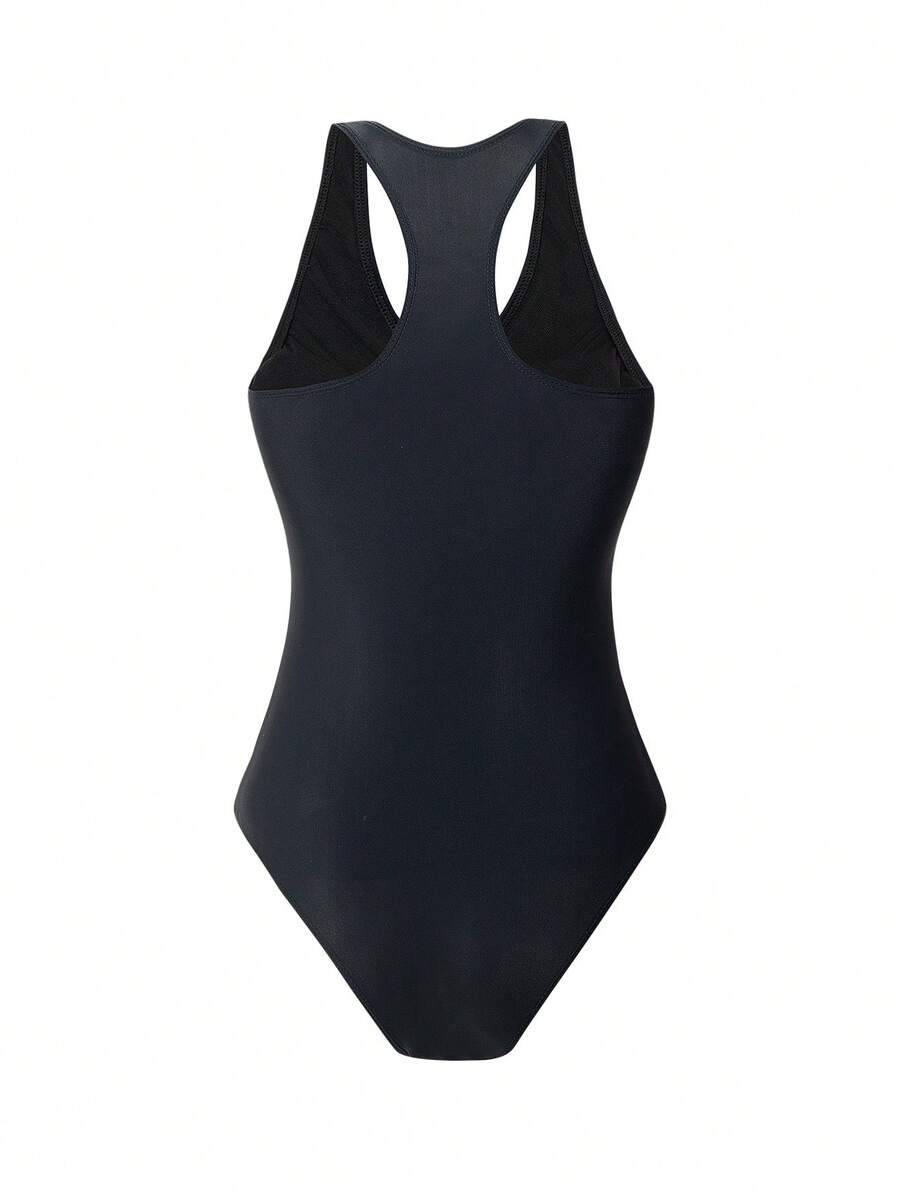 Dark green women's one-piece swimsuit featuring a zipper V-neckline and backless design.