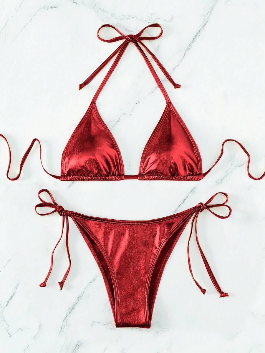 Women's two-piece halter triangle bikini set featuring tie-side high-waist bottoms and tie-back top.