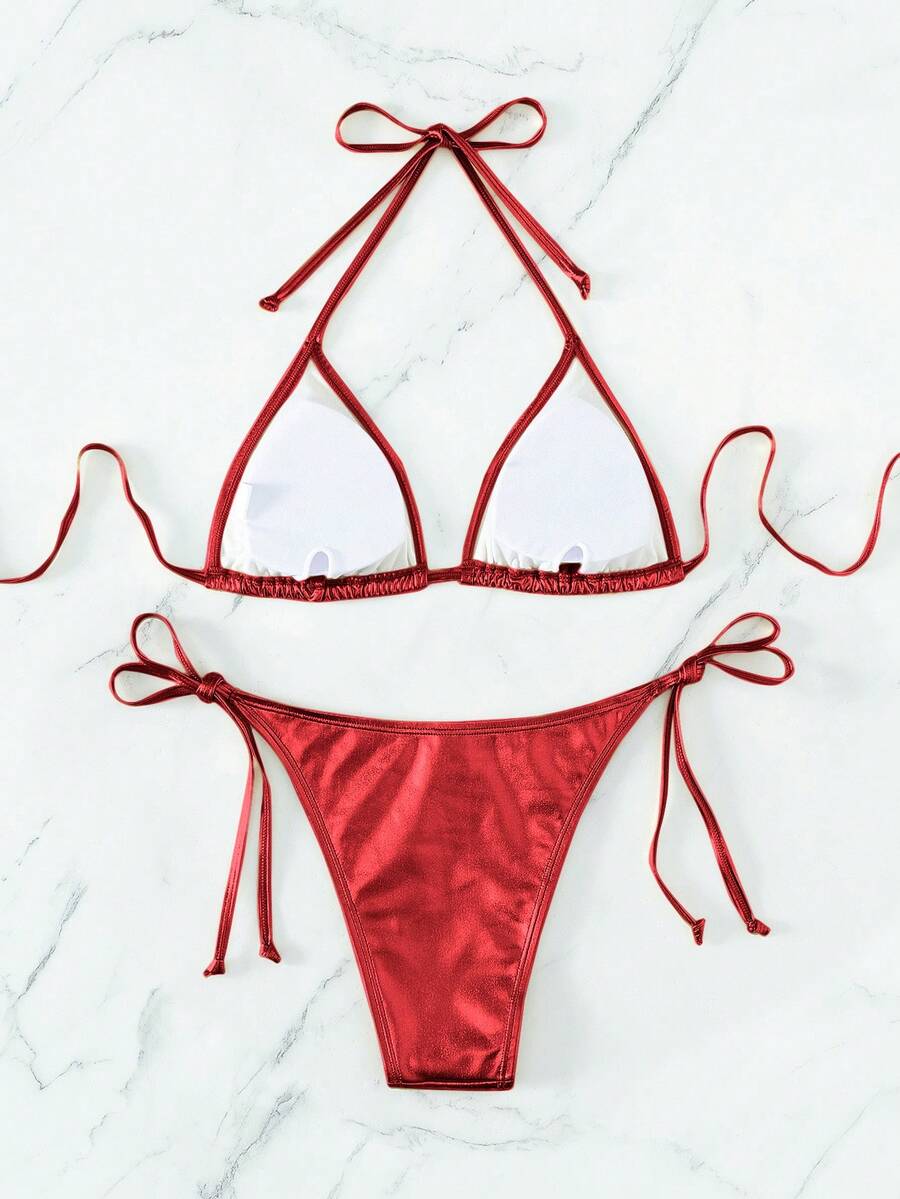 Women's two-piece halter triangle bikini set featuring tie-side high-waist bottoms and tie-back top.