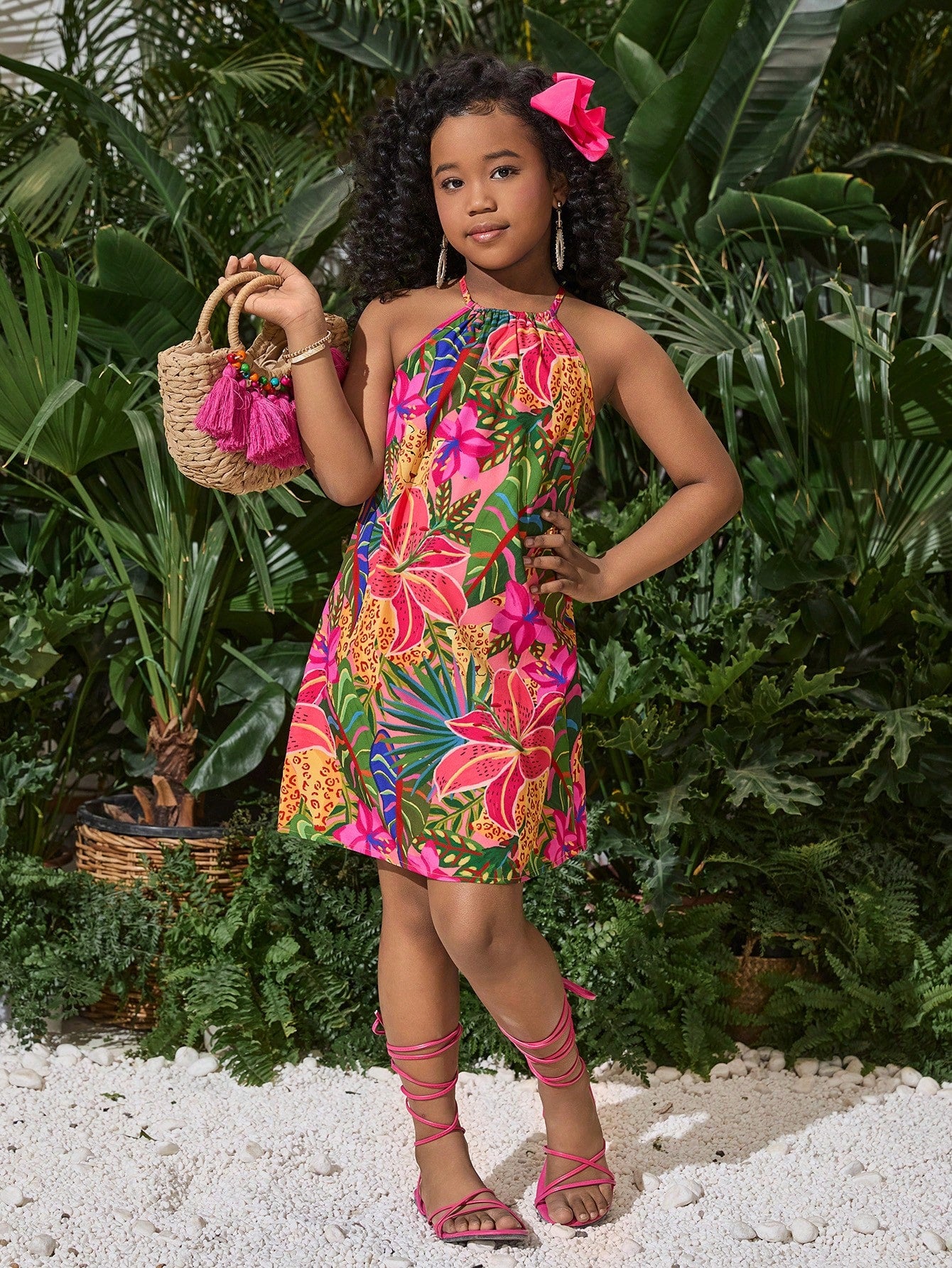 Tween girls sleeveless halter tunic dress with colorful rainbow striped colorblock pattern, button detail, short length, and regular fit for summer vacation or beach wear.