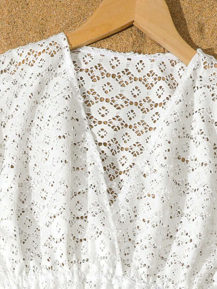 Tween girls apricot sleeveless knit mesh swimwear cover up with V-neck and hollow-out pattern