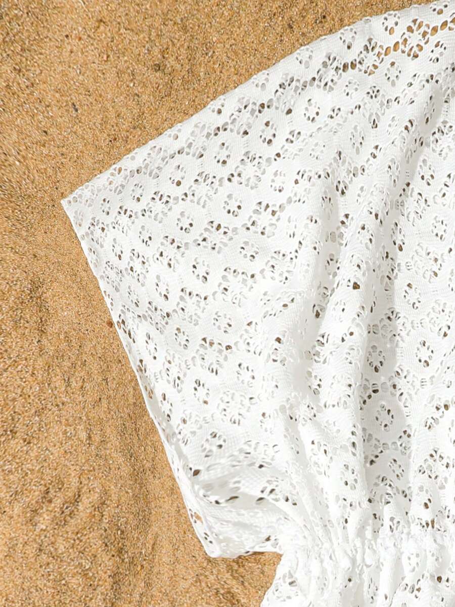 Tween girls apricot sleeveless knit mesh swimwear cover up with V-neck and hollow-out pattern