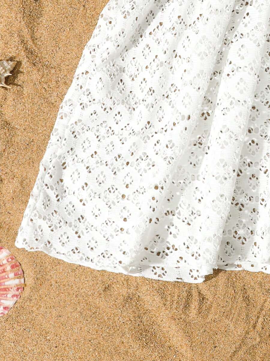 Tween girls apricot sleeveless knit mesh swimwear cover up with V-neck and hollow-out pattern