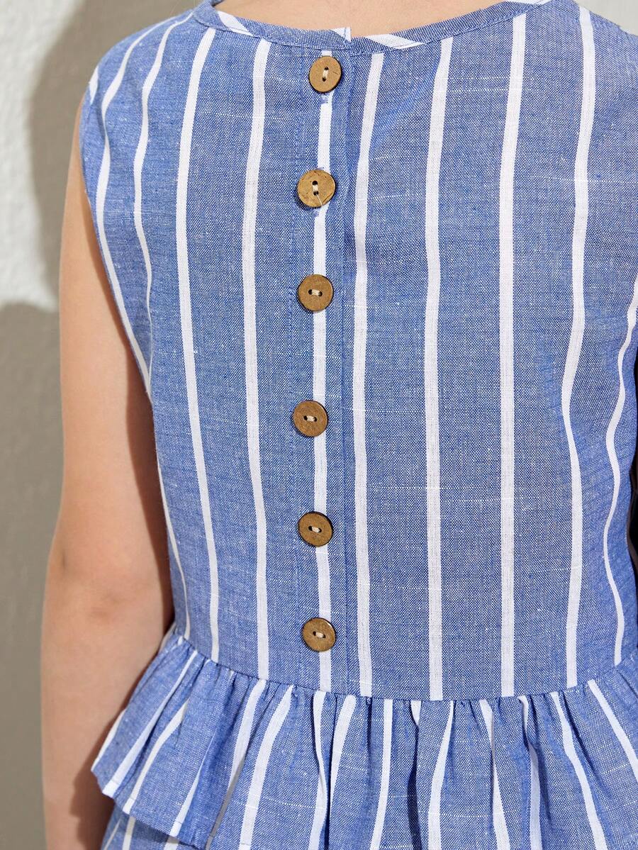 Tween girls blue striped sleeveless short top with button and ruffle details paired with matching long straight leg pants.