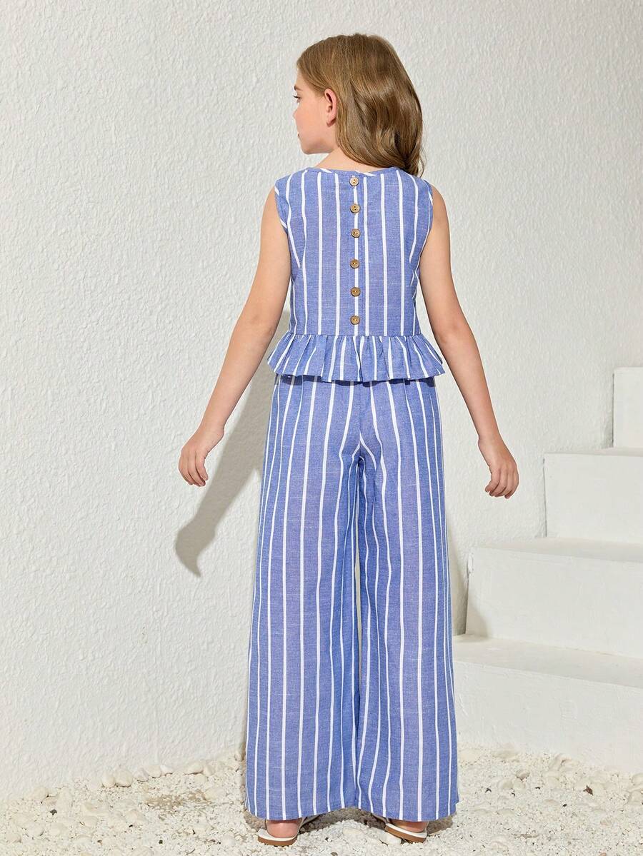 Tween girls blue striped sleeveless short top with button and ruffle details paired with matching long straight leg pants.