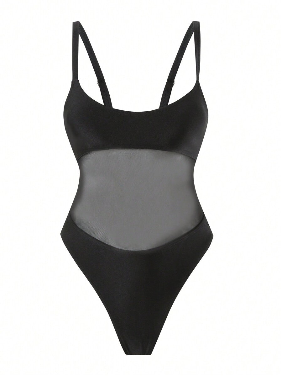 Black floral print mesh patchwork one-piece swimsuit for women featuring spaghetti straps, V-wired triangle cups, and a high waist silhouette.