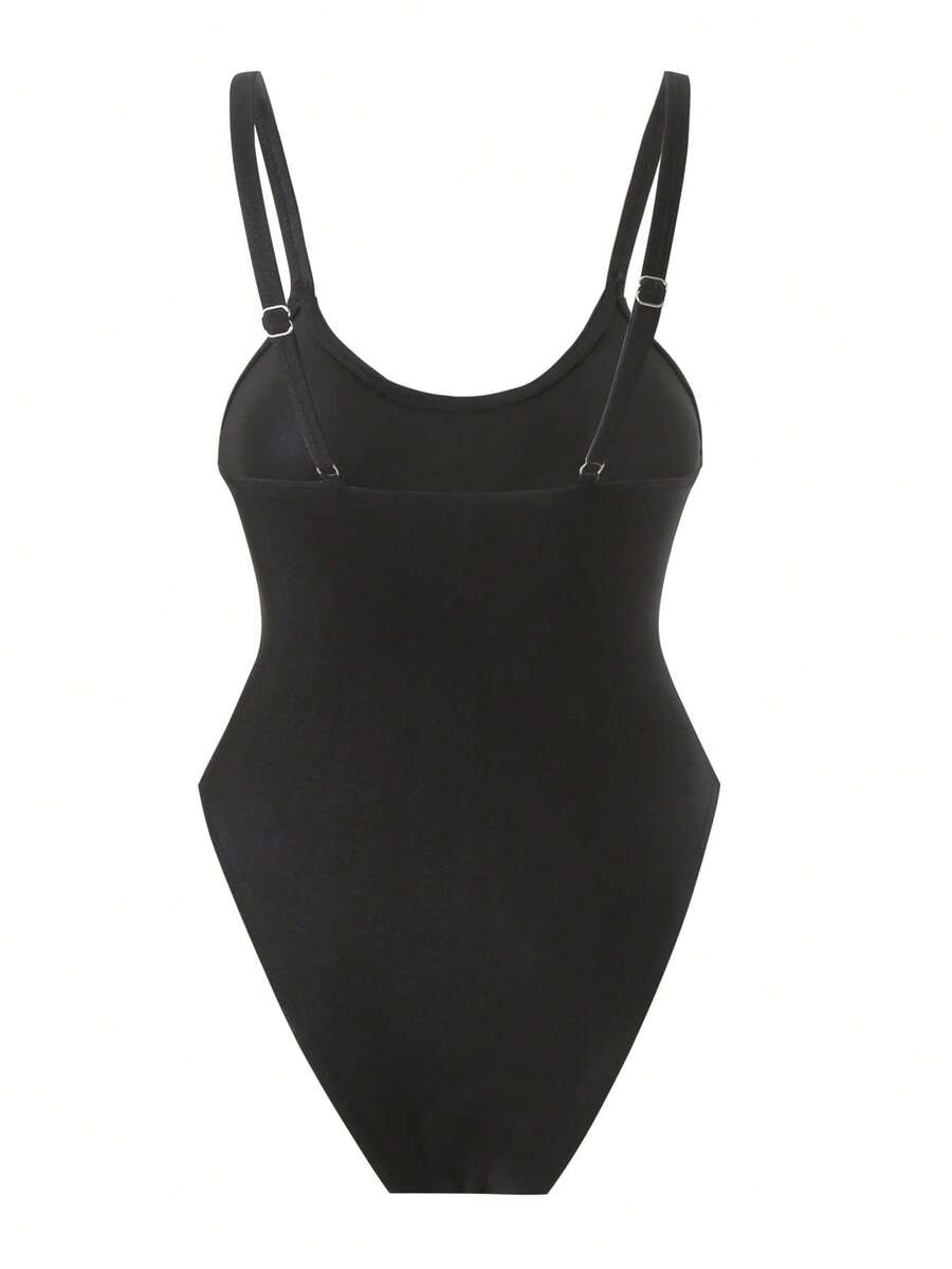 Black floral print mesh patchwork one-piece swimsuit for women featuring spaghetti straps, V-wired triangle cups, and a high waist silhouette.