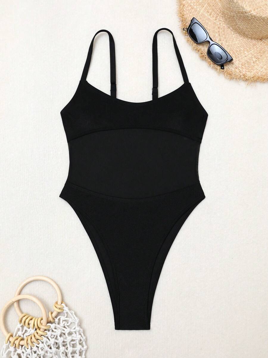 Black floral print mesh patchwork one-piece swimsuit for women featuring spaghetti straps, V-wired triangle cups, and a high waist silhouette.