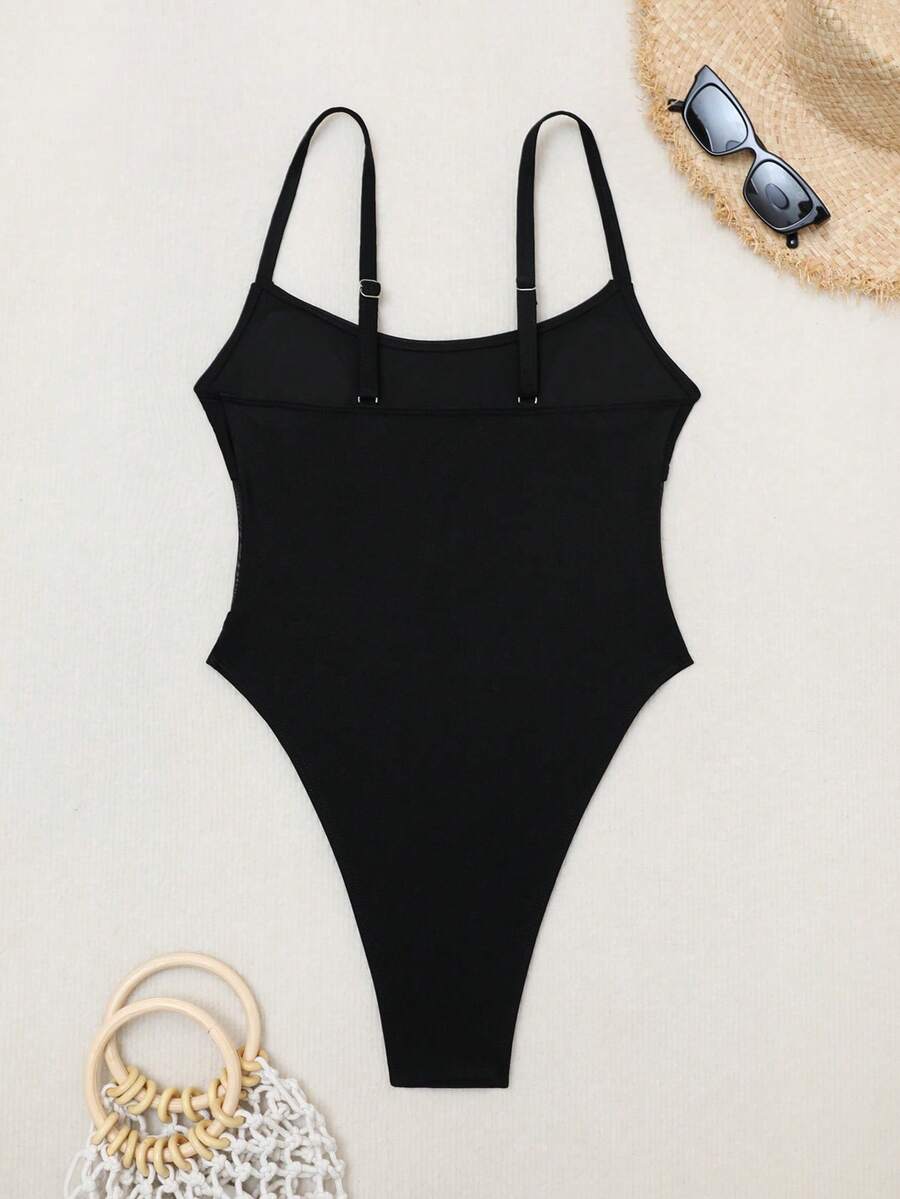 Black floral print mesh patchwork one-piece swimsuit for women featuring spaghetti straps, V-wired triangle cups, and a high waist silhouette.
