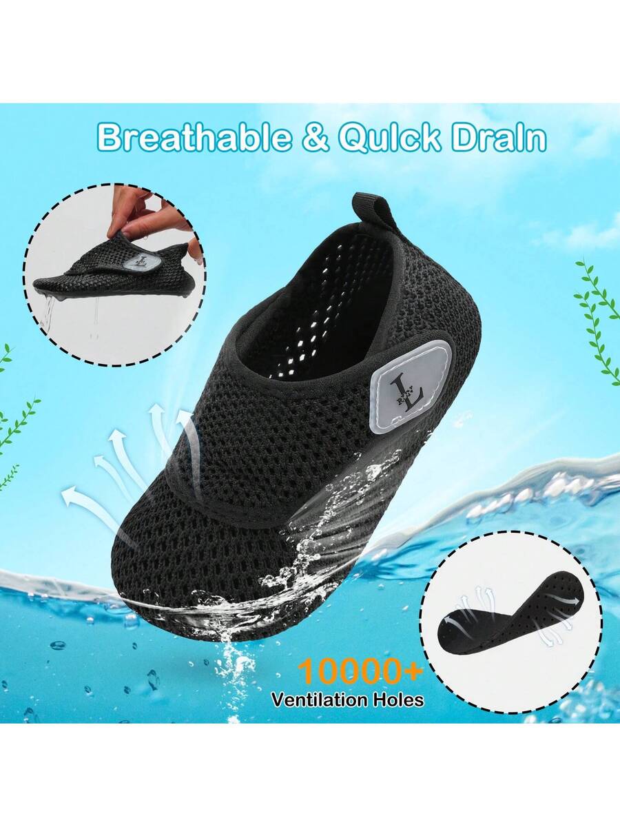 Beige kids aquatic shoes featuring a breathable fabric upper, adjustable hook and loop strap closure, and a flexible non-slip rubber outsole.