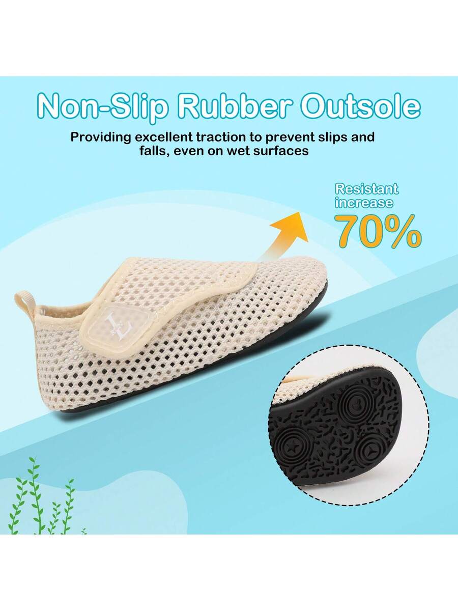 Beige kids aquatic shoes featuring a breathable fabric upper, adjustable hook and loop strap closure, and a flexible non-slip rubber outsole.