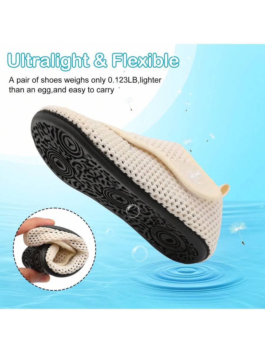 Beige kids aquatic shoes featuring a breathable fabric upper, adjustable hook and loop strap closure, and a flexible non-slip rubber outsole.