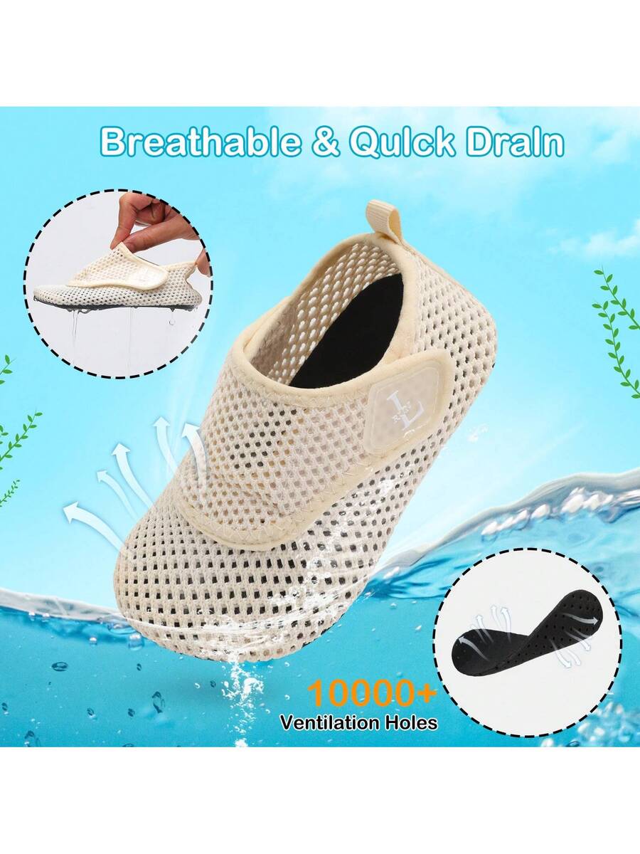 Beige kids aquatic shoes featuring a breathable fabric upper, adjustable hook and loop strap closure, and a flexible non-slip rubber outsole.