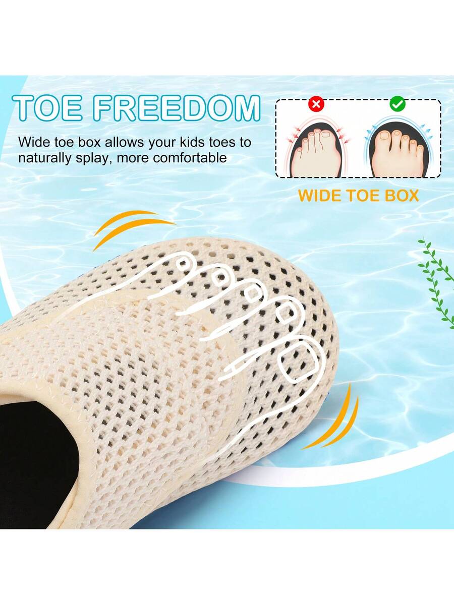 Beige kids aquatic shoes featuring a breathable fabric upper, adjustable hook and loop strap closure, and a flexible non-slip rubber outsole.