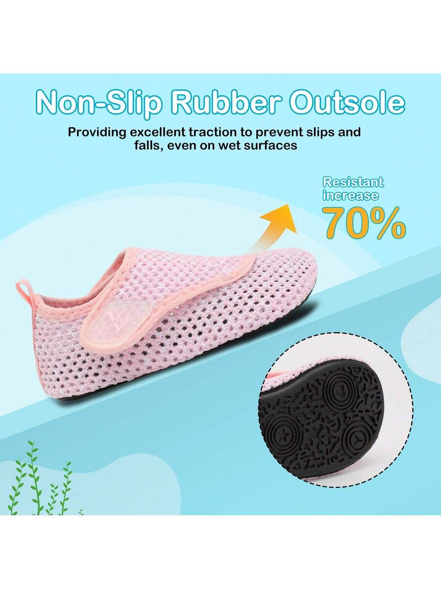 Beige kids aquatic shoes featuring a breathable fabric upper, adjustable hook and loop strap closure, and a flexible non-slip rubber outsole.