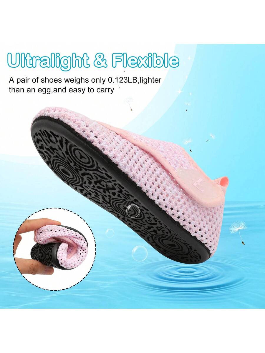Beige kids aquatic shoes featuring a breathable fabric upper, adjustable hook and loop strap closure, and a flexible non-slip rubber outsole.