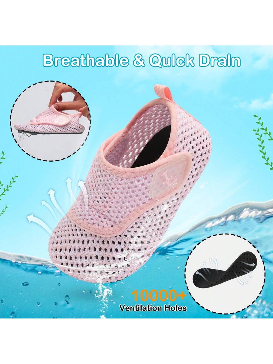Beige kids aquatic shoes featuring a breathable fabric upper, adjustable hook and loop strap closure, and a flexible non-slip rubber outsole.