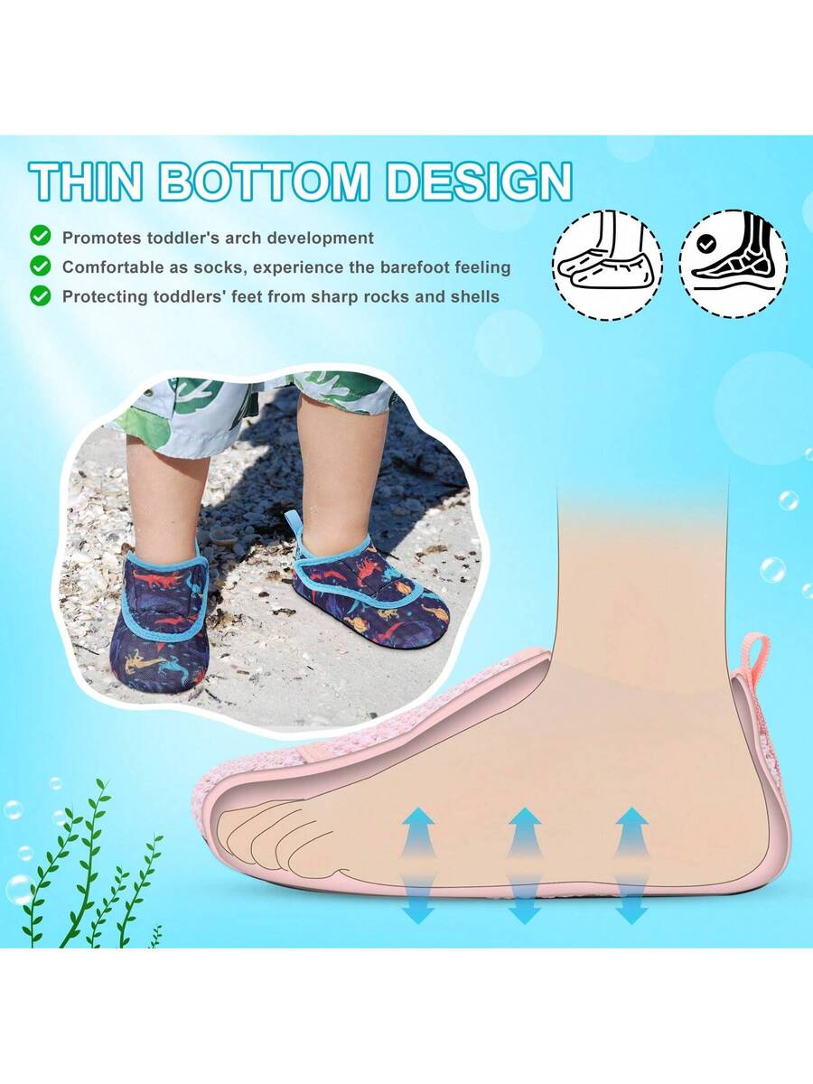 Beige kids aquatic shoes featuring a breathable fabric upper, adjustable hook and loop strap closure, and a flexible non-slip rubber outsole.