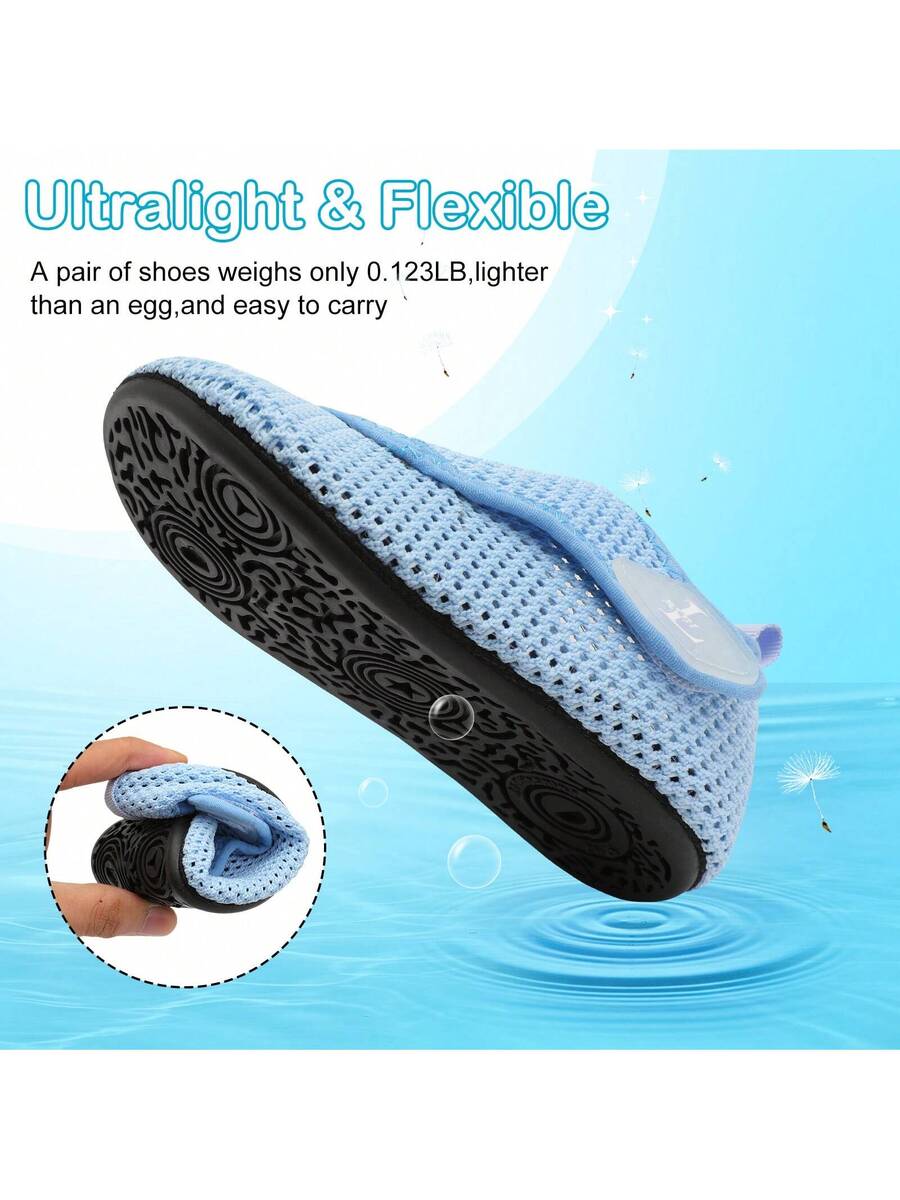 Beige kids aquatic shoes featuring a breathable fabric upper, adjustable hook and loop strap closure, and a flexible non-slip rubber outsole.