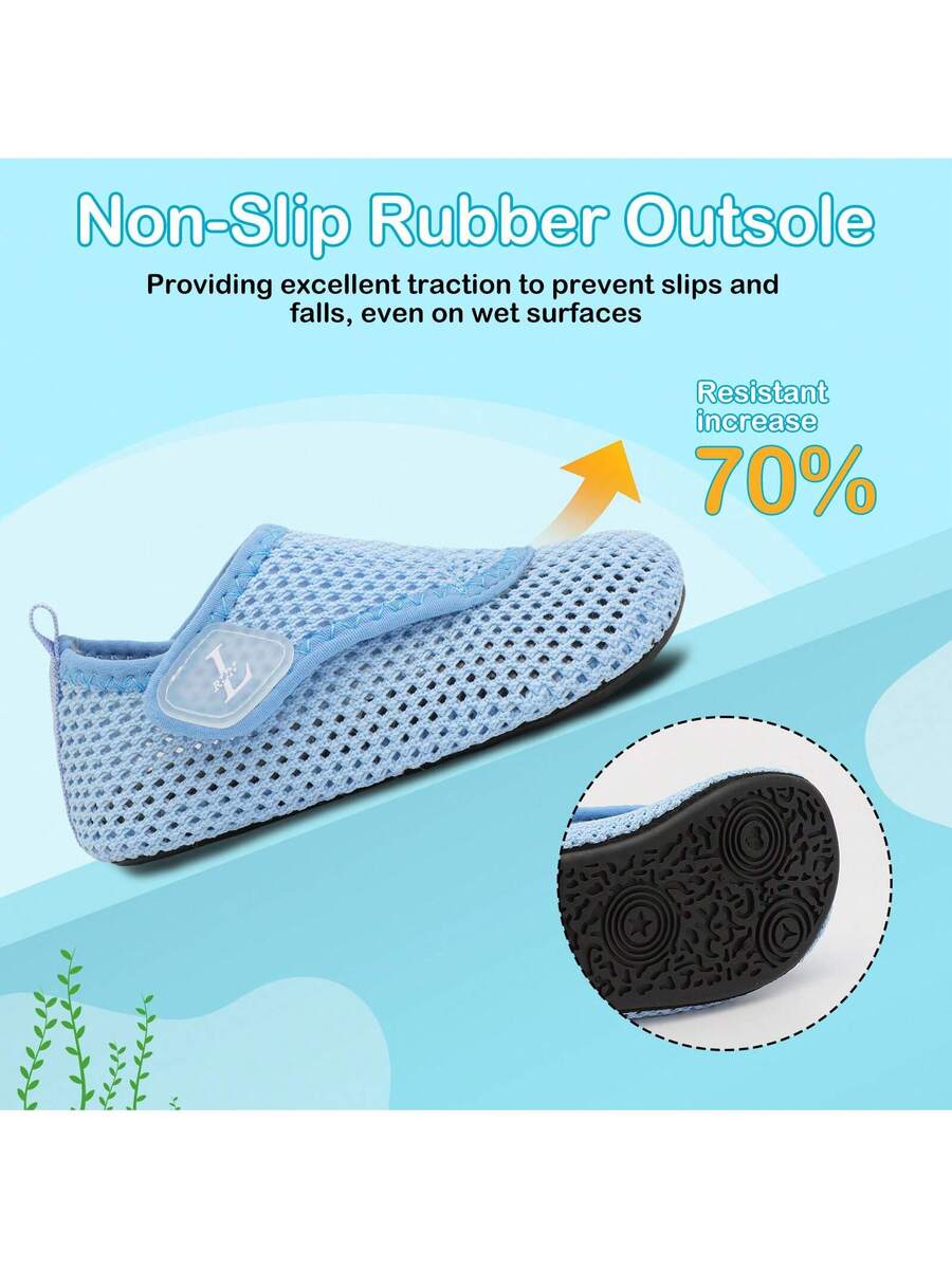 Beige kids aquatic shoes featuring a breathable fabric upper, adjustable hook and loop strap closure, and a flexible non-slip rubber outsole.