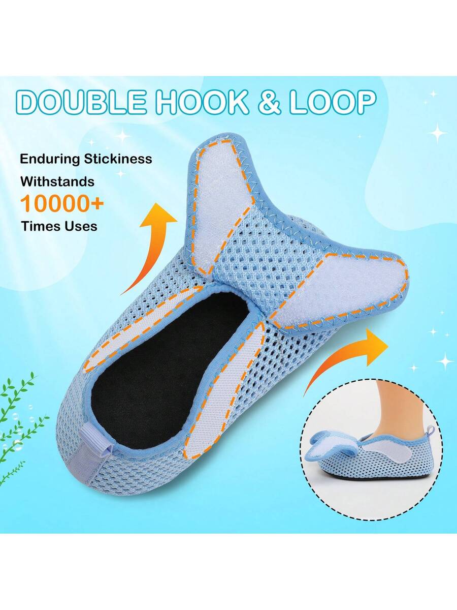 Beige kids aquatic shoes featuring a breathable fabric upper, adjustable hook and loop strap closure, and a flexible non-slip rubber outsole.