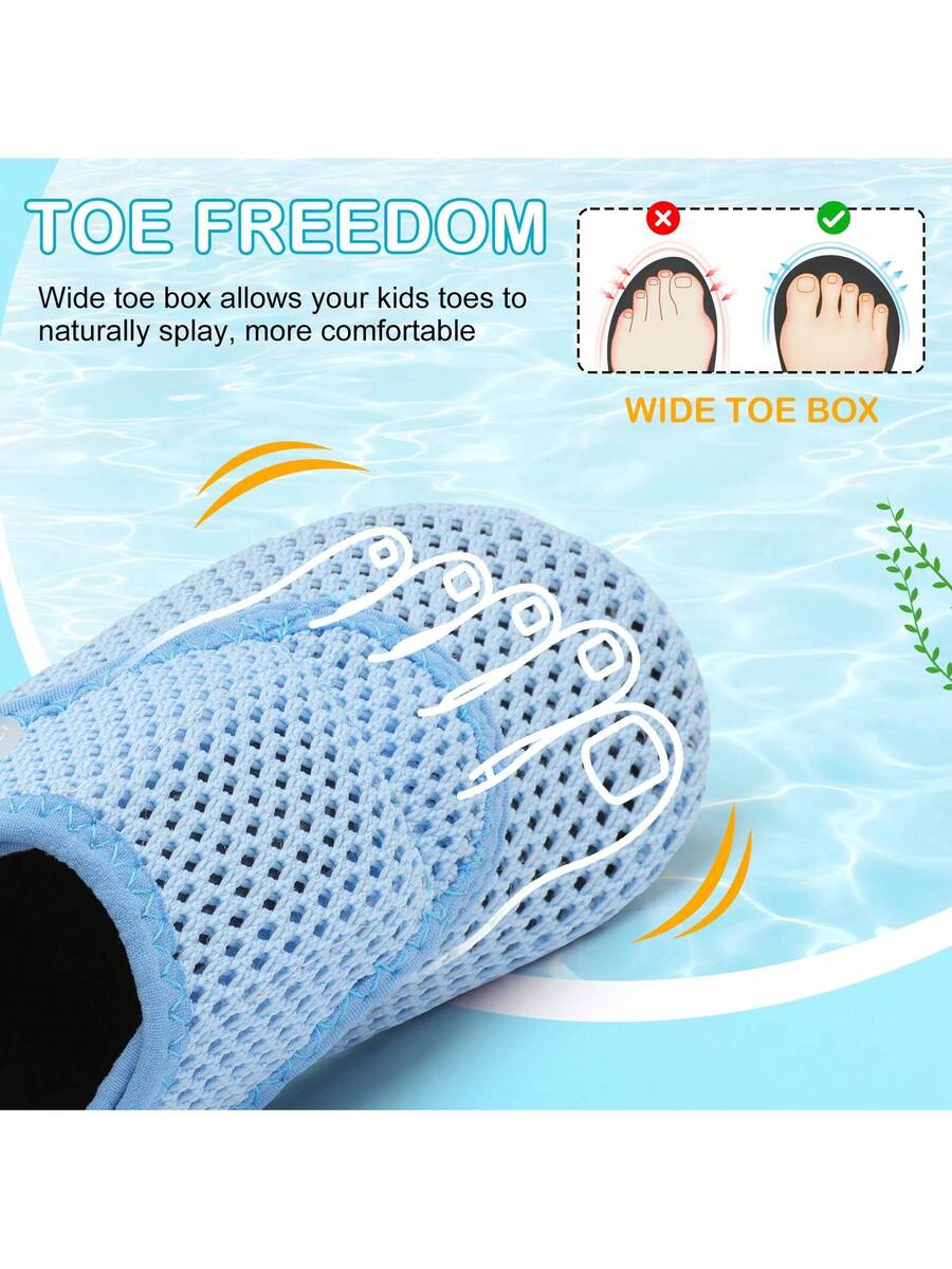 Beige kids aquatic shoes featuring a breathable fabric upper, adjustable hook and loop strap closure, and a flexible non-slip rubber outsole.