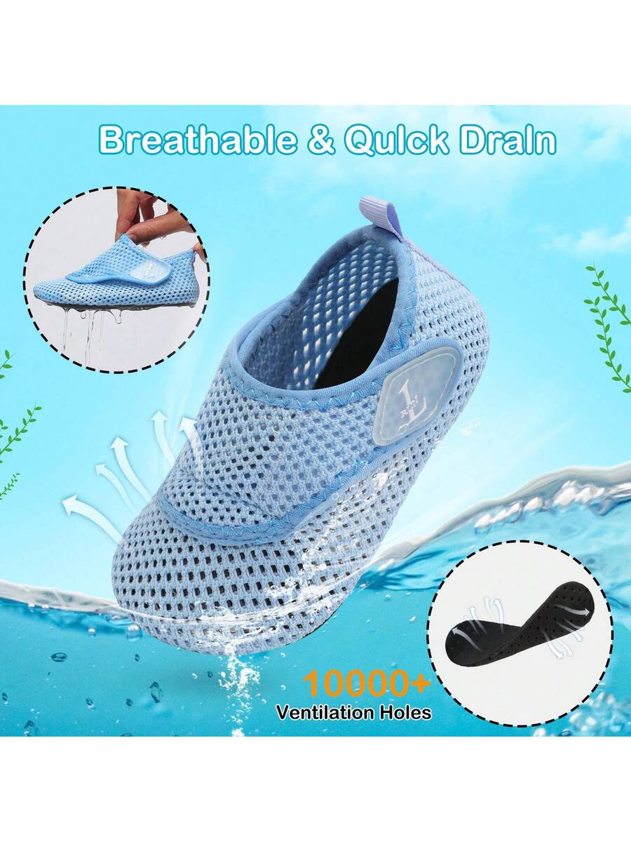 Beige kids aquatic shoes featuring a breathable fabric upper, adjustable hook and loop strap closure, and a flexible non-slip rubber outsole.