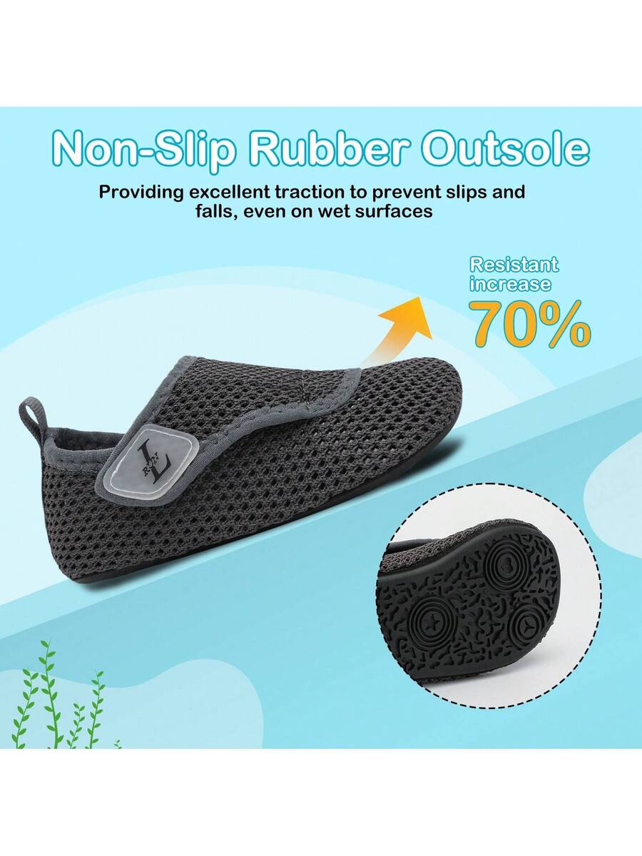 Beige kids aquatic shoes featuring a breathable fabric upper, adjustable hook and loop strap closure, and a flexible non-slip rubber outsole.