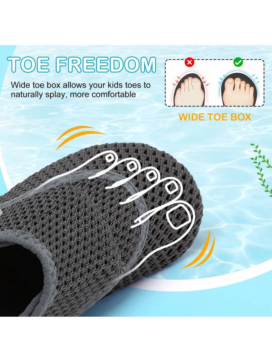 Beige kids aquatic shoes featuring a breathable fabric upper, adjustable hook and loop strap closure, and a flexible non-slip rubber outsole.