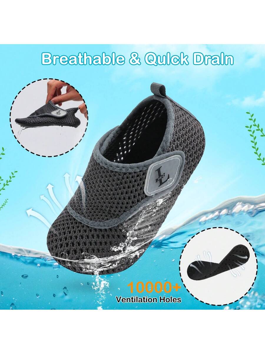 Beige kids aquatic shoes featuring a breathable fabric upper, adjustable hook and loop strap closure, and a flexible non-slip rubber outsole.