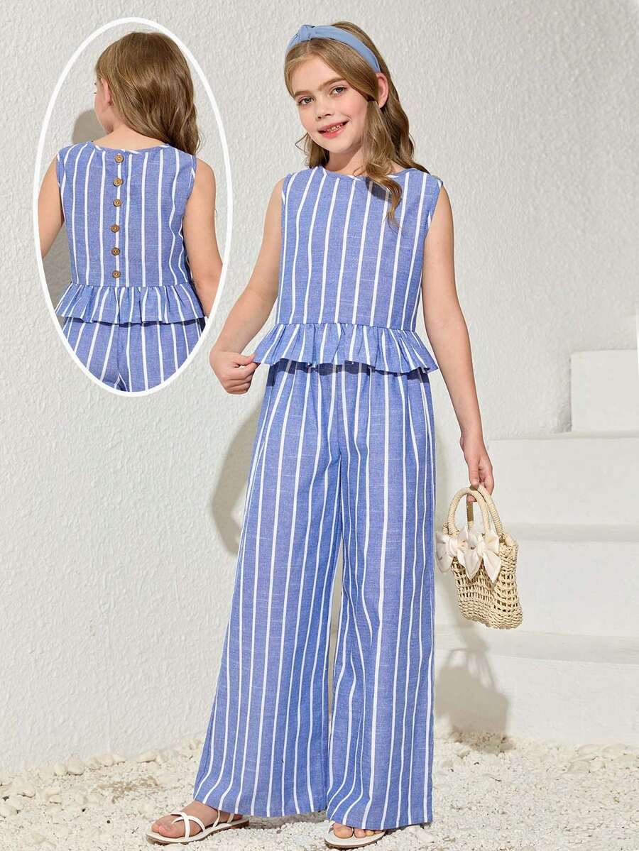 Tween girls blue striped sleeveless short top with button and ruffle details paired with matching long straight leg pants.