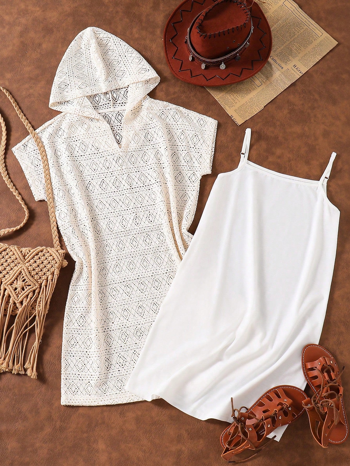 Apricot 2-piece outfit for tween girls featuring a short sleeveless camisole dress and a hollow-out hooded cover up top with short batwing sleeves.