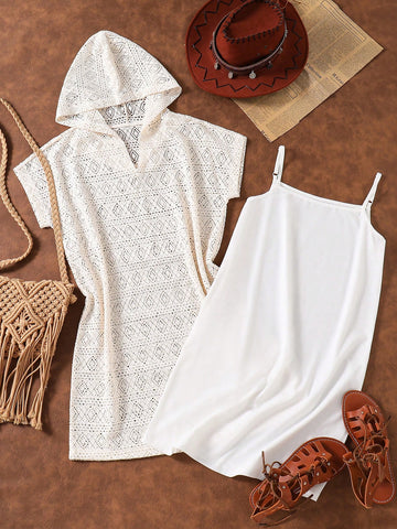 Apricot 2-piece outfit for tween girls featuring a short sleeveless camisole dress and a hollow-out hooded cover up top with short batwing sleeves.