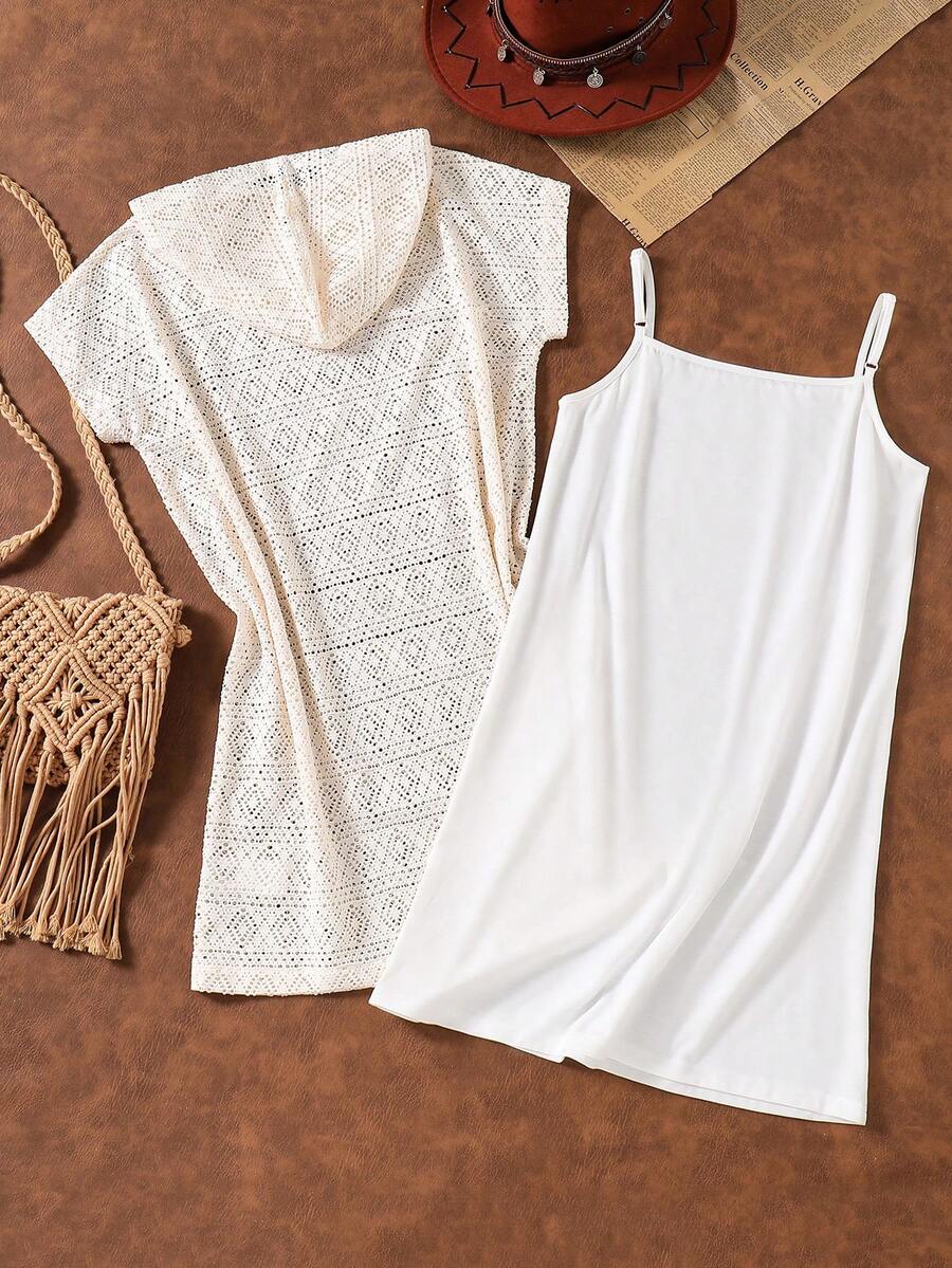 Apricot 2-piece outfit for tween girls featuring a short sleeveless camisole dress and a hollow-out hooded cover up top with short batwing sleeves.