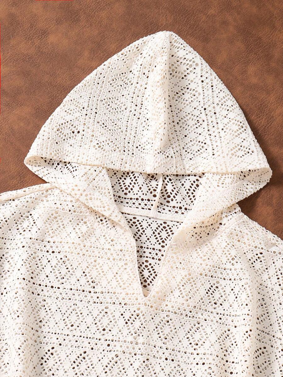 Apricot 2-piece outfit for tween girls featuring a short sleeveless camisole dress and a hollow-out hooded cover up top with short batwing sleeves.
