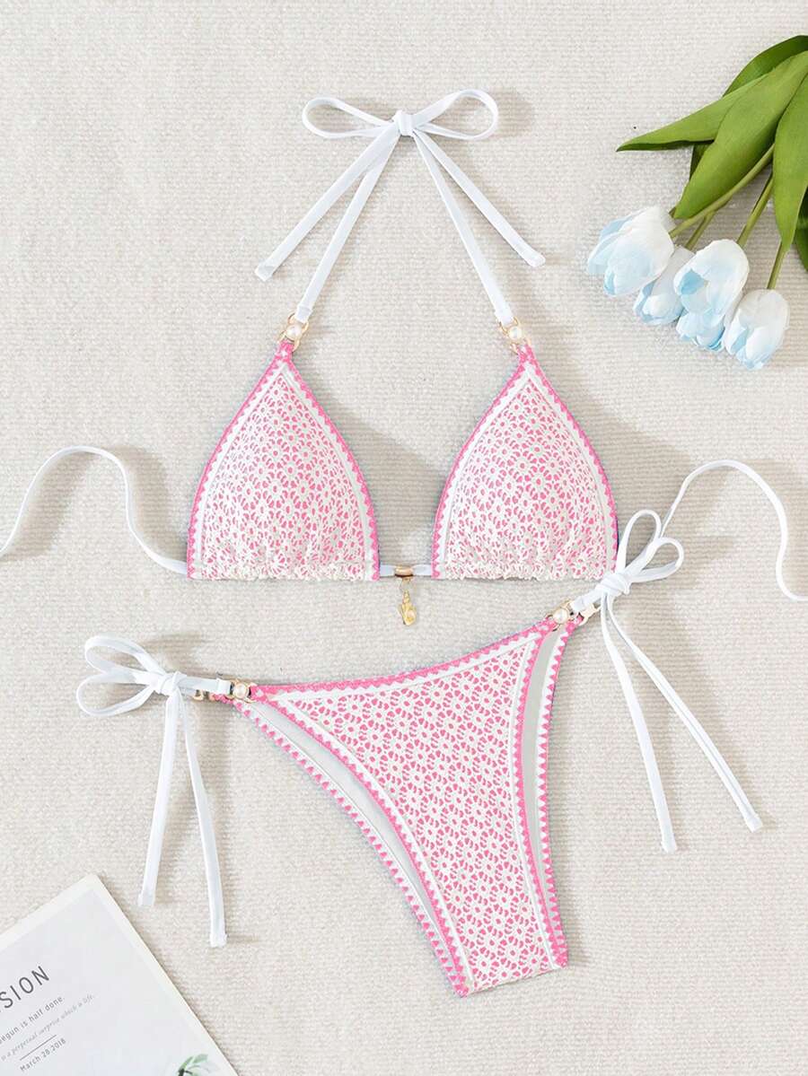 Women's triangle bikini set with contrast lace wireless bra top and ultra high waist tie side bottoms.