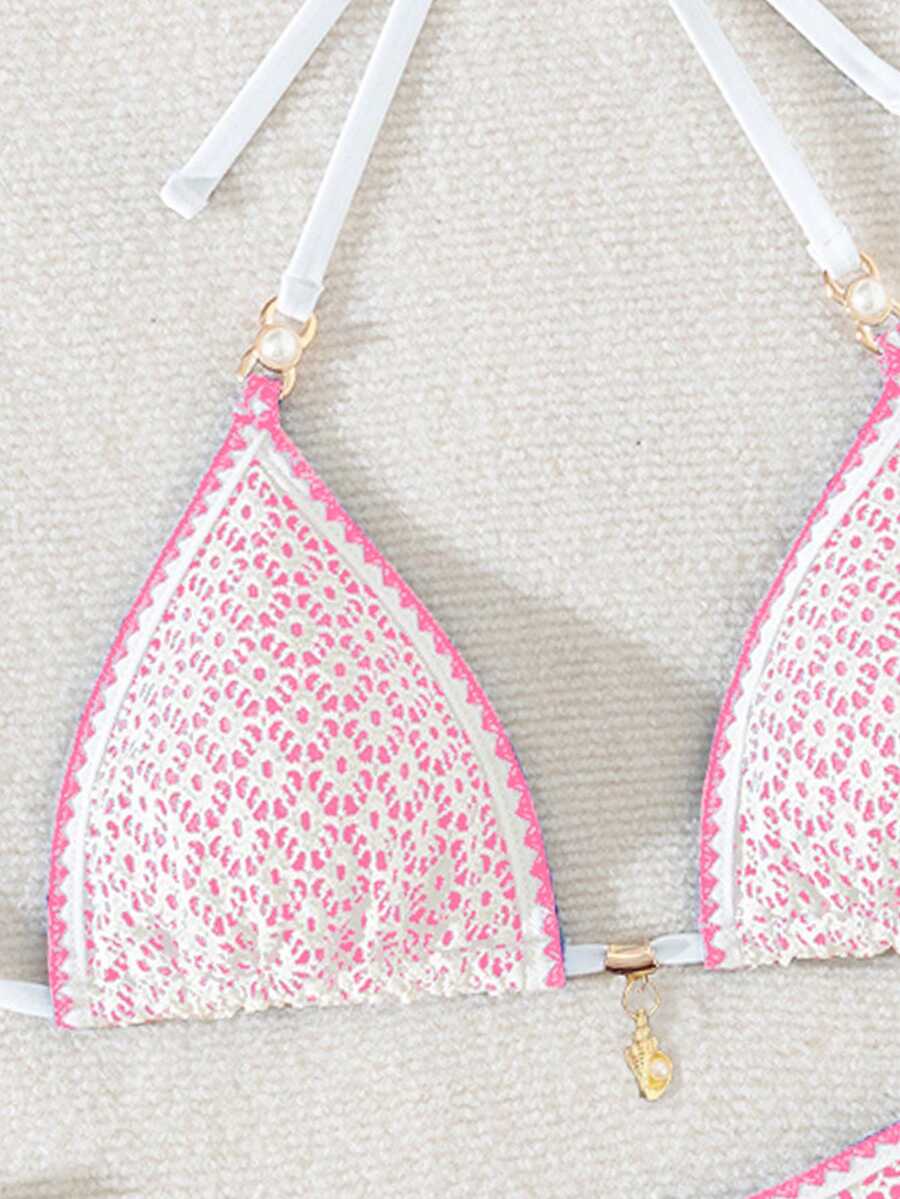 Women's triangle bikini set with contrast lace wireless bra top and ultra high waist tie side bottoms.