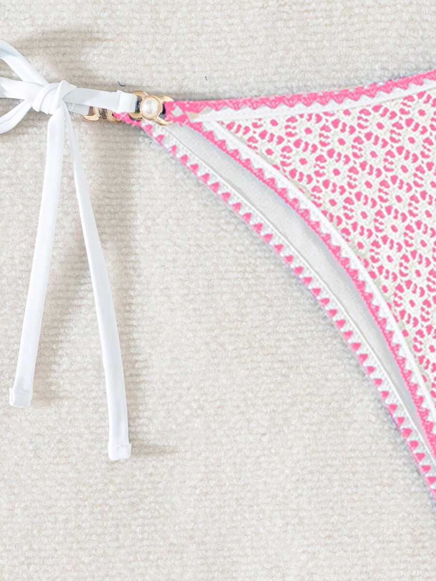 Women's triangle bikini set with contrast lace wireless bra top and ultra high waist tie side bottoms.